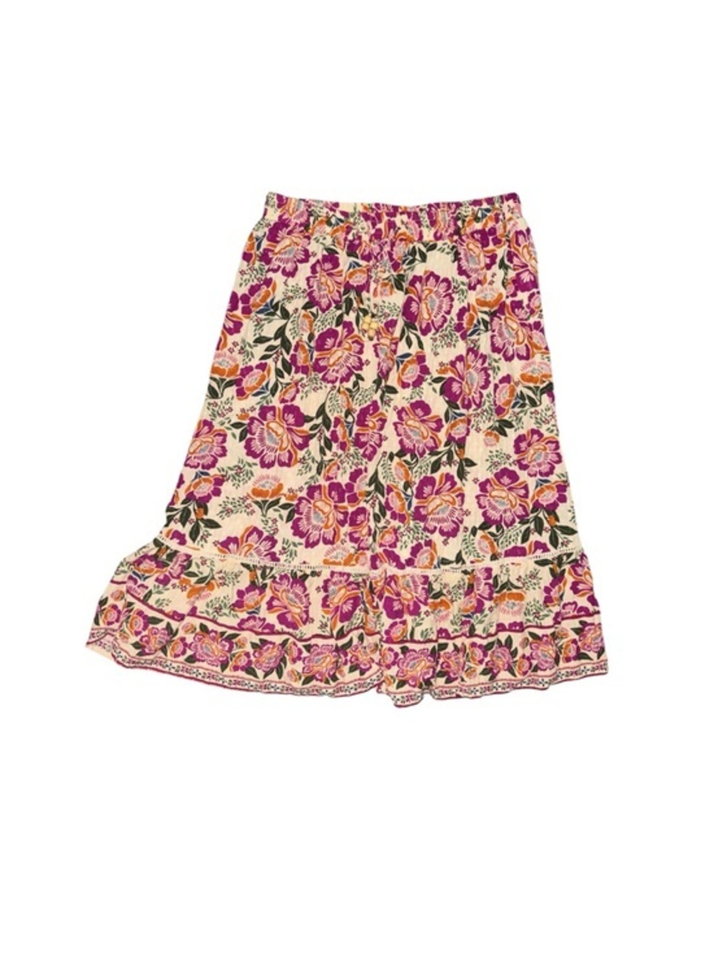 Multicolor Tropical Floral Print Ruffle Hem MIDI Boho Skirt Womens Size Large